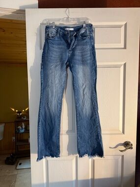 KanCan Medium Blue High-Rise Flare Jeans with Frayed Hem